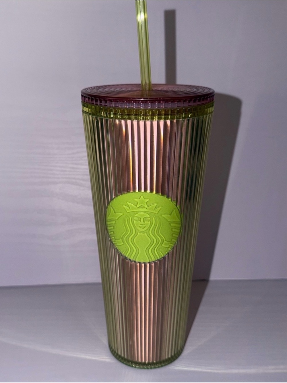 NWT Starbucks Green Lilac Pleaded Striped Venti Iridescent Tumbler W/ Logo